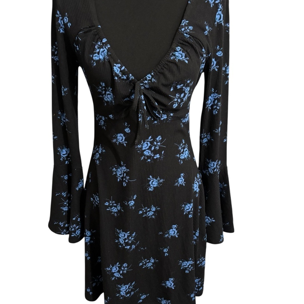 Topshop Boho Floral Mini Dress Bell Sleeve Cottagecore Black Blue Knit Size S